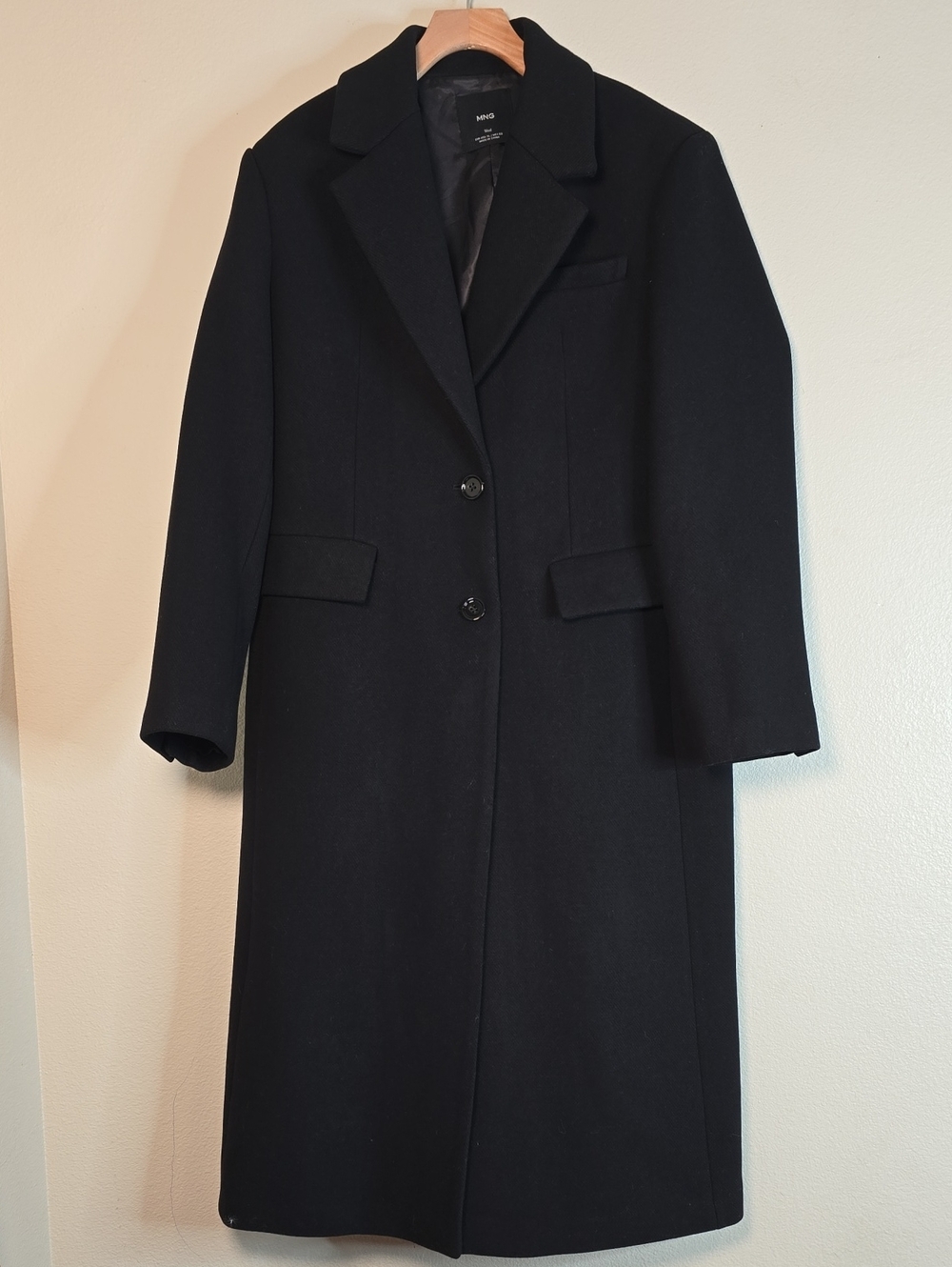 Mango Black Classic Single-Breasted Long Coat Wool Blend Size XL.